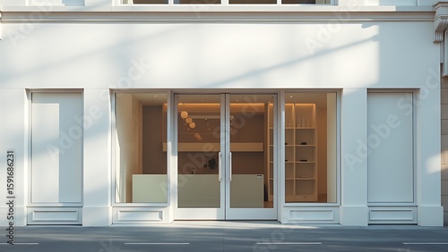 Minimalist pastel-colored storefront with clean architectural lines under soft daylight.