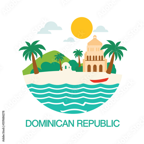 Tropical badge of Dominican Republic featuring dome church, palm trees, hills, sun, red boat and sea