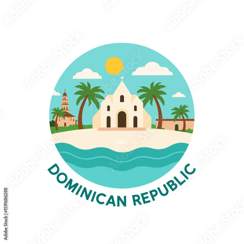 Wallpaper Mural Vector illustration of Dominican Republic with colonial church, palm trees, beach and ocean. Tropical island design in flat style Torontodigital.ca
