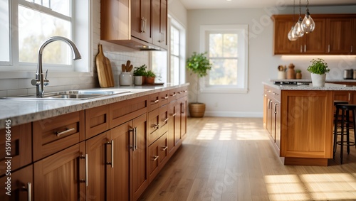 Warm kitchen showcasing wood cabinetry with ample counter space illuminated by natural window light