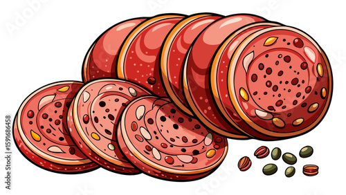 Cured salami slices with fat specks and black peppercorns displayed against a white background. The detailed texture and savory look make it great for charcuterie-style vector illustrations.