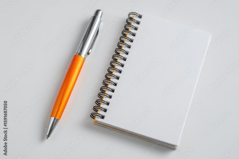Bright orange pen and blank notebook on a white background. Bright orange pen and blank notebook on a white background.