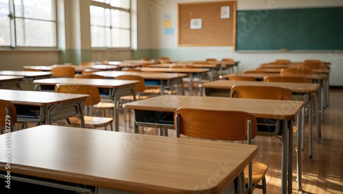 Wallpaper Mural An empty classroom with wooden desks and a chalkboard presents a quiet, academic atmosphere. Torontodigital.ca