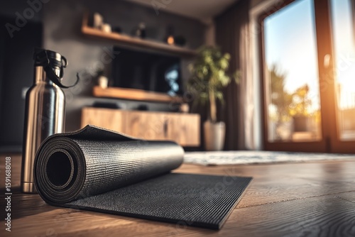 A rolled yoga mat rests on a wooden floor, alongside a metal water bottle, in a modern living room.  Sunbeams stream through a glass door