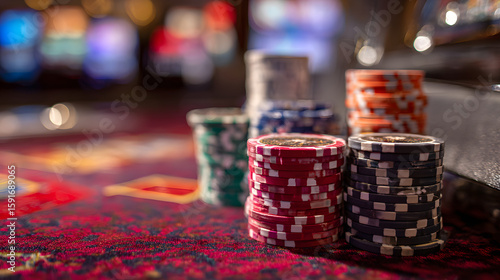 casino chips stacked neatly on a table near a slot machine creating a vibrant gambling scene with colorful tokens, shiny surfaces, and winning energy
