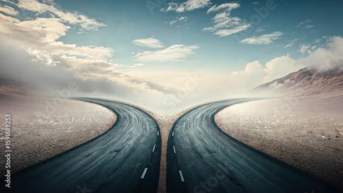 Two roads diverge in a desert landscape under a vast sky