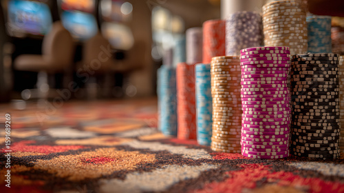 casino chips stacked neatly on a table near a slot machine creating a vibrant gambling scene with colorful tokens, shiny surfaces, and winning energy