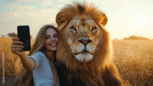 A young woman smiles while taking a selfie with a lion in the savannah at sunset, showcasing a unique interaction in nature