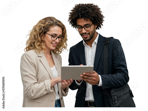 Two business professionals a man and a woman collaborating and looking at a tablet computer together isolated on transparent background