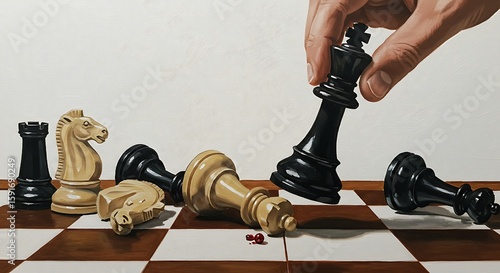 A Hand Positioning the Black King for the Winning Move Over Several Fallen White Chess Figures on a Brown and White Chessboard