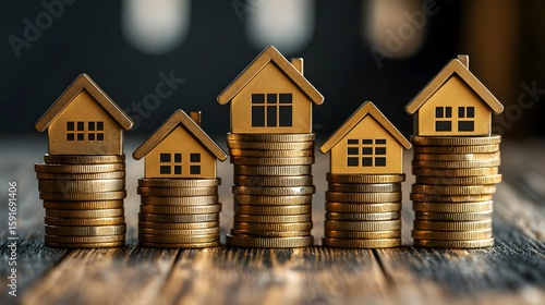Financial growth concept with miniature wooden houses placed on stacked gold coins symbolizing real estate investment and increasing property value