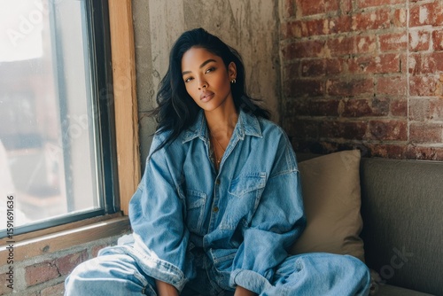Confident woman in denim attire sits indoors near a window, bathed in natural light.