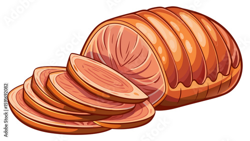 Smoked turkey breast, sliced thin with natural grain and pink edges, lies delicately on white background. Its lean profile and clean look work perfectly for healthy meat vector compositions.
