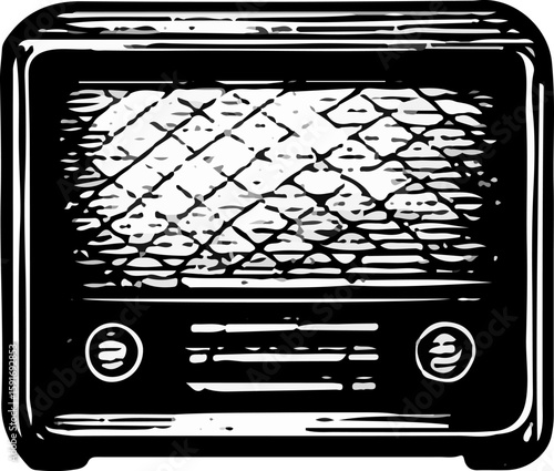 Black and white sketch of a compact vintage radio with knobs and screen, capturing analog charm and classic tech