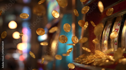dynamic explosion of gold coins flying outward with a softly blurred slot machine in the background creating a vibrant casino win effect with motion blur