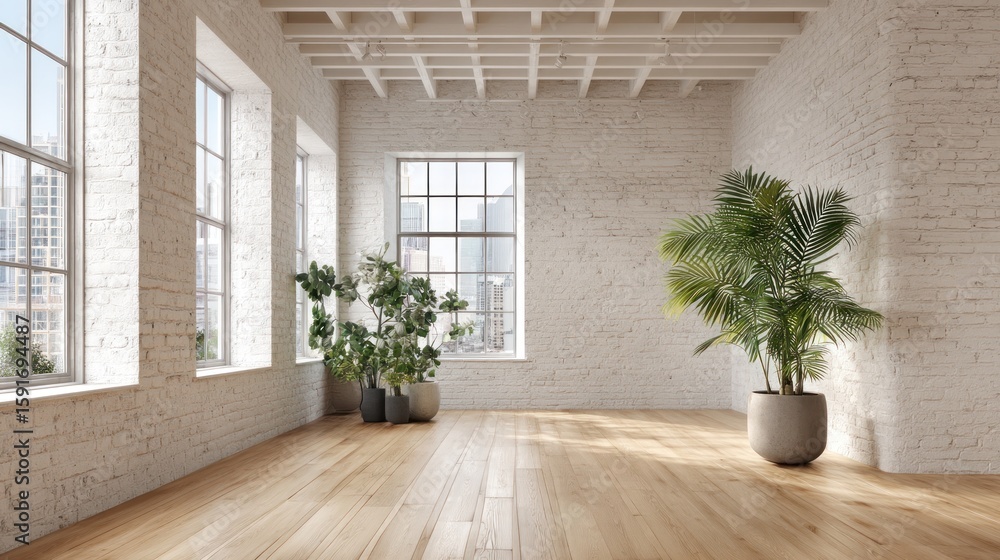Fototapeta premium Empty loft interior with plants and city view