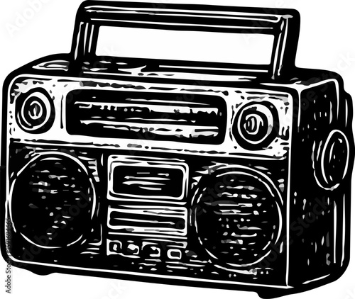 Retro monochrome illustration of a cassette recorder with tape reels and knobs, evoking audio nostalgia and analog storytelling
