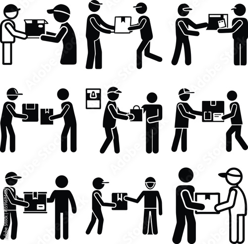 A vector collection depicting delivery people interacting and exchanging packages and parcels in black and white
