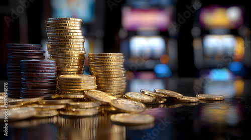 stack of gold coins piling up next to a slot machine with shiny coins spilling and stacking on a reflective casino floor in a vibrant winning scene