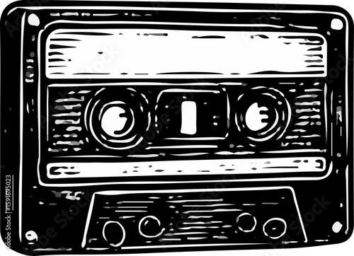 Retro-style audio cassette tape with twin reels, illustrated in monochrome to evoke nostalgia, classic music vibes, and analog recording memories.