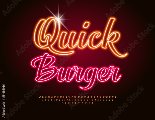 Vector Promo poster Quick Burger. Glowing Cursive Font. Led Illuminated Alphabet Letter and Numbers set.