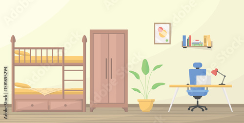 Interior with bunk bed, wardrobe, table and other items. Hostel, dormitory, student room.