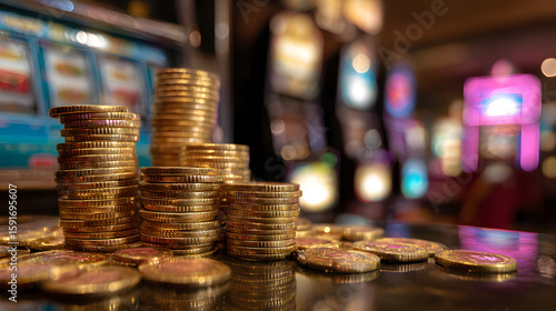 stack of gold coins piling up next to a slot machine with shiny coins spilling and stacking on a reflective casino floor in a vibrant winning scene