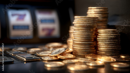stack of gold coins piling up next to a slot machine with shiny coins spilling and stacking on a reflective casino floor in a vibrant winning scene