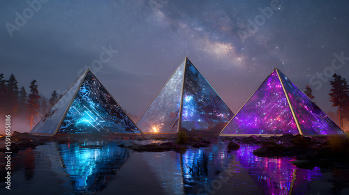 three mystical glowing pyramids set against a starlit sky radiating magical energy and cosmic light in a surreal night landscape with celestial atmosphere