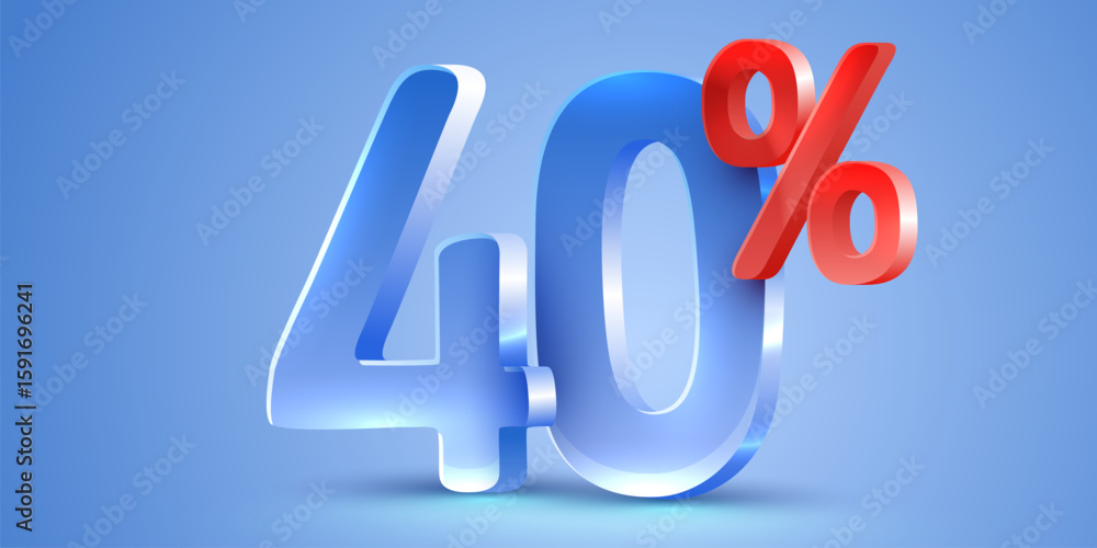 Mega shopping offer 40 percent discount glossy glass 3d render. Sale banner. Vector illustration.