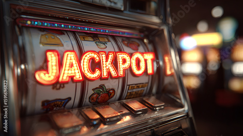  A festive banner announcing a jackpot win with animated confetti and brightly lit slot machines
