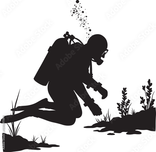 A scuba diver exploring the seabed with bubbles vector silhouette trending on Adobe Stock and microstock marketplaces