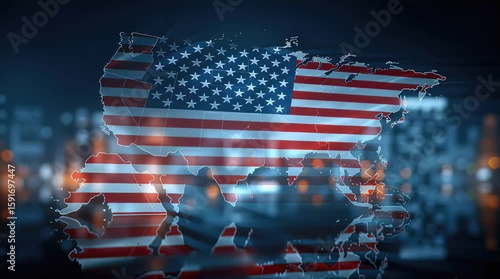 US Flag on World Map with City Lights