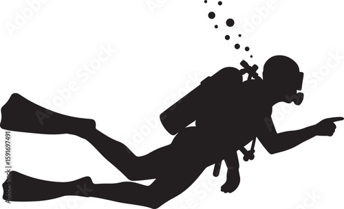 A scuba diver pointing forward with bubbles vector silhouette trending on Adobe Stock and microstock marketplaces