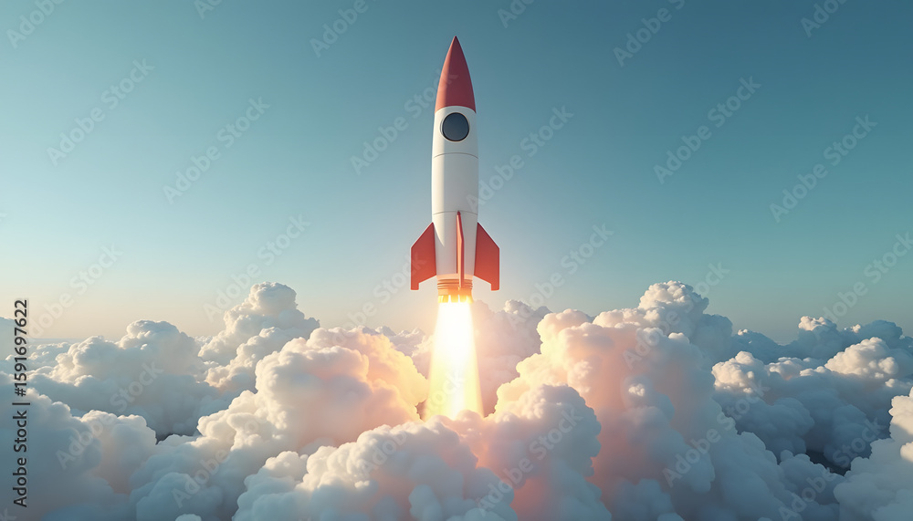 Fototapeta premium A cartoon rocket ship blasts off, ascending through fluffy clouds into a blue sky.