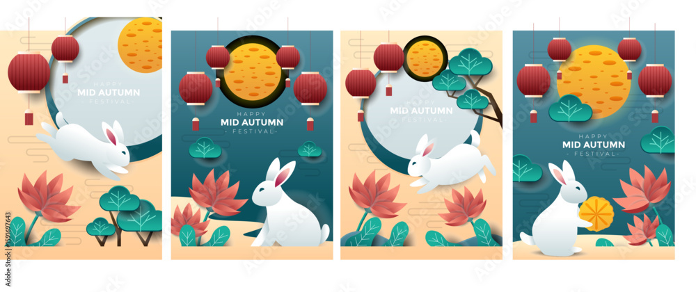 Fototapeta premium Mid-Autumn Festival Charming Rabbits & Mooncake Celebration Cards