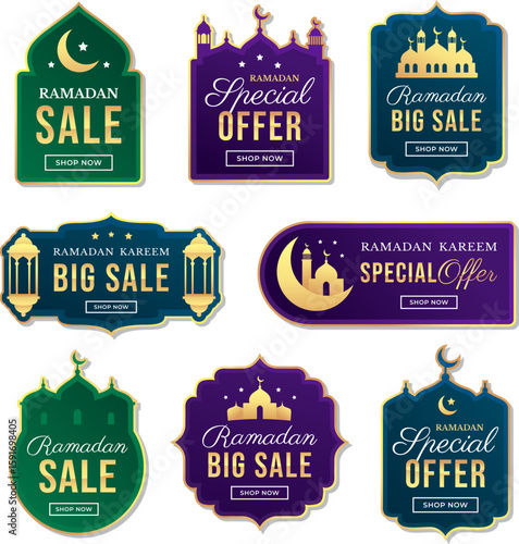 Collection of Ramadan sale badges and special offer labels. A set of Islamic promotional stickers for holiday shopping events and greetings.