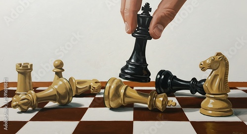 Illustration of a Checkmate Scenario: A Black King Being Moved by a Hand Over a Chessboard with Defeated White Chess Pieces, in a Stylized Painting