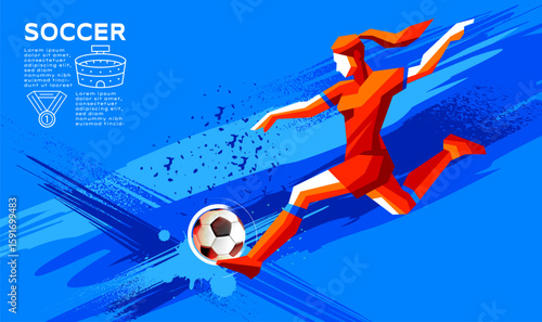 Geometric Vector of Female Soccer Player in Action with Abstract Brush Background – Minimalist Sports Illustration