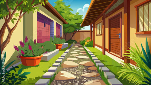 Side walkway of house with stepping stones and small flowerbeds. Narrow outdoor passage