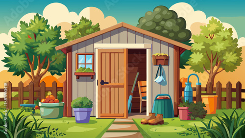 Detached garden shed with open door, gardening tools visible inside. Backyard utility structure