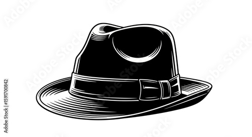 Vintage black fedora hat, detailed illustration, classic style.