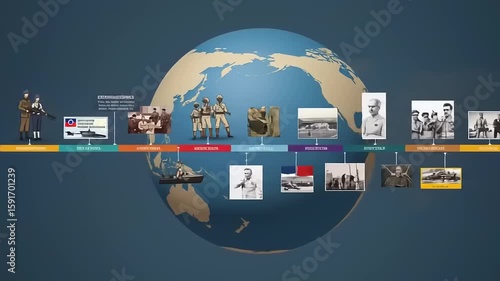 Historical timeline showcasing significant events and figures in global military history with visuals