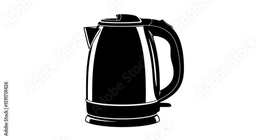 Black and white illustration of a modern electric kettle with a handle, spout, and base.