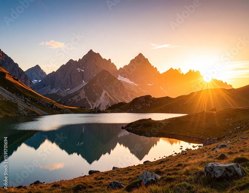 Majestic mountain lake at sunset