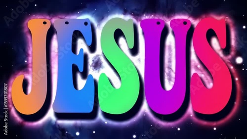 Colorful word JESUS on a starry, nebula-like background