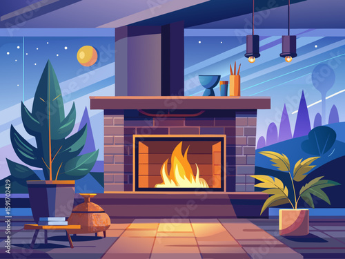 vector of A beautiful fireplace with wood and its beautiful flame in a corner of a modern house with dark ceramic floor and dark furniture and a stylish vase.