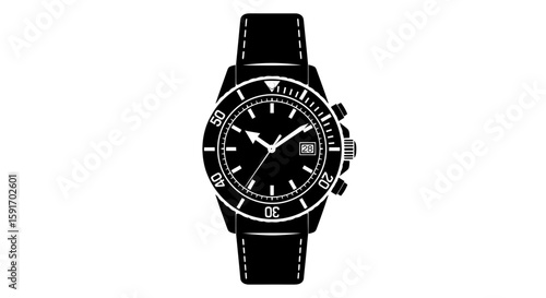 A classic black diver's watch with a leather strap, displayed against a white background.