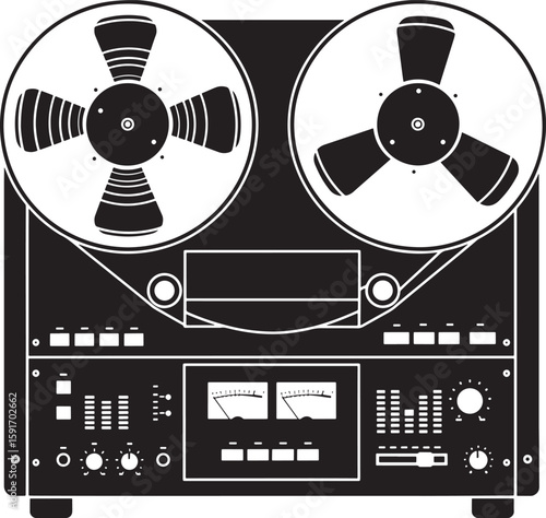 A classic reel to reel tape recorder with detailed controls vector silhouette trending on Adobe Stock and microstock marketplaces