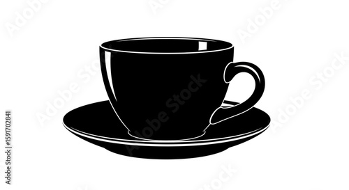 A simple black silhouette of a teacup and saucer.
